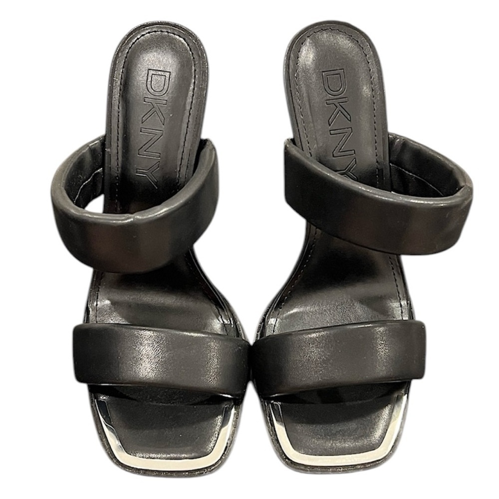 DKNY Ralia Black Puff Strap Metal Detail Square Toe Sandal Platform Heels - Picture 2 of 4